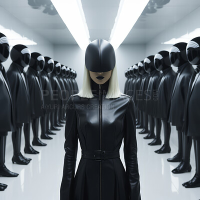 Female robot in futuristic fashion concept. Wearing black leather in editorial showcase