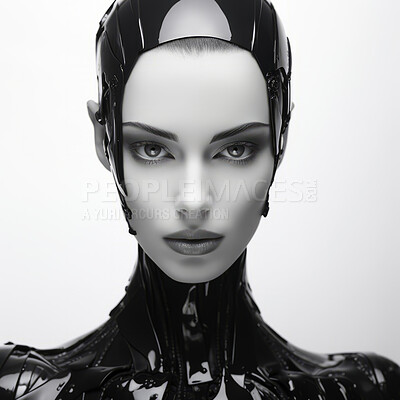 Female robot in futuristic sci-fi fashion concept. Wearing black leather on white backdrop.