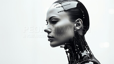 Female robot in futuristic, sci-fi fashion concept. Editorial pose on white backdrop.