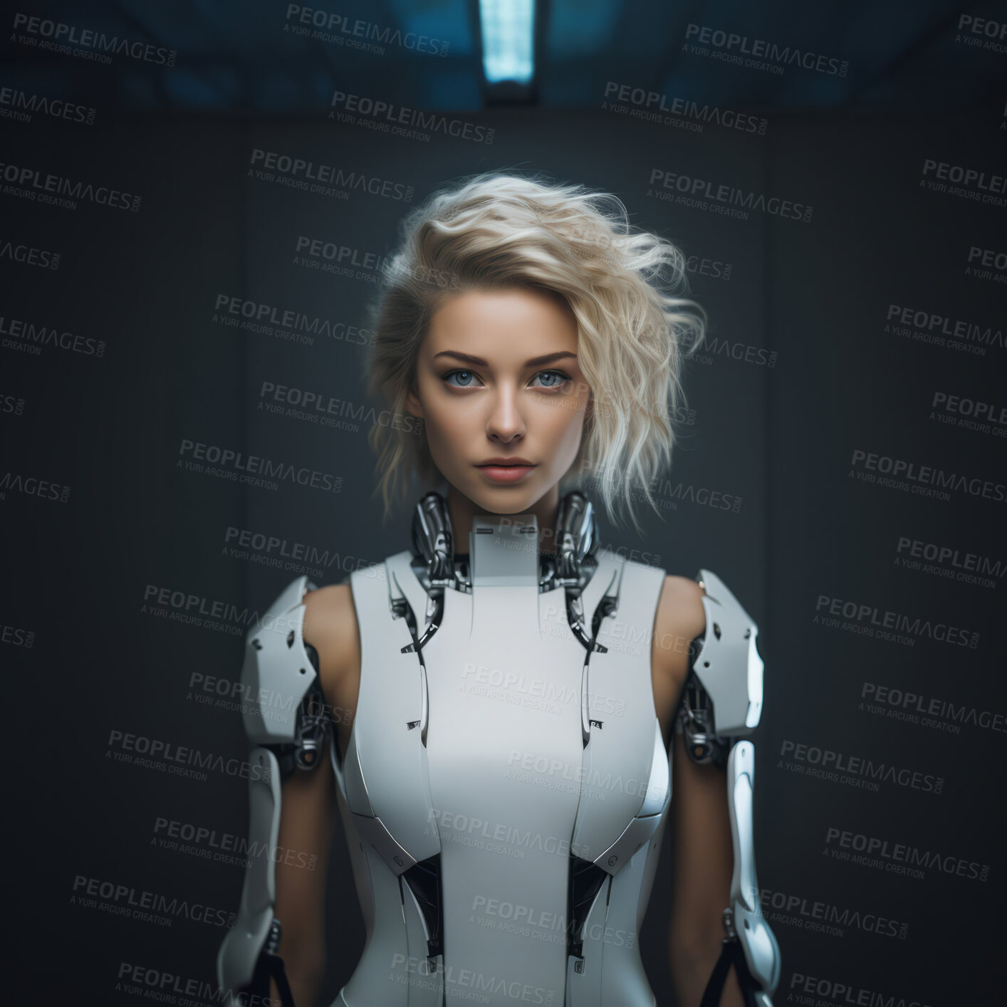 Buy stock photo Futuristic female robot, android portrait. Human like features. In dark room.