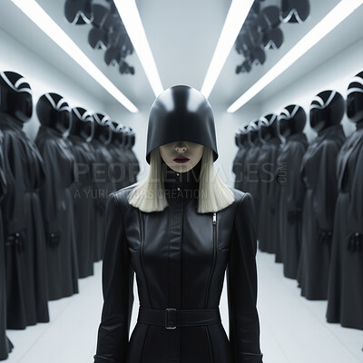 Female robot in futuristic fashion concept. Wearing black leather in editorial showcase.