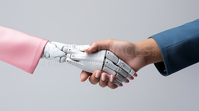 Human and robot handshake on black backdrop. Futuristic business concept.