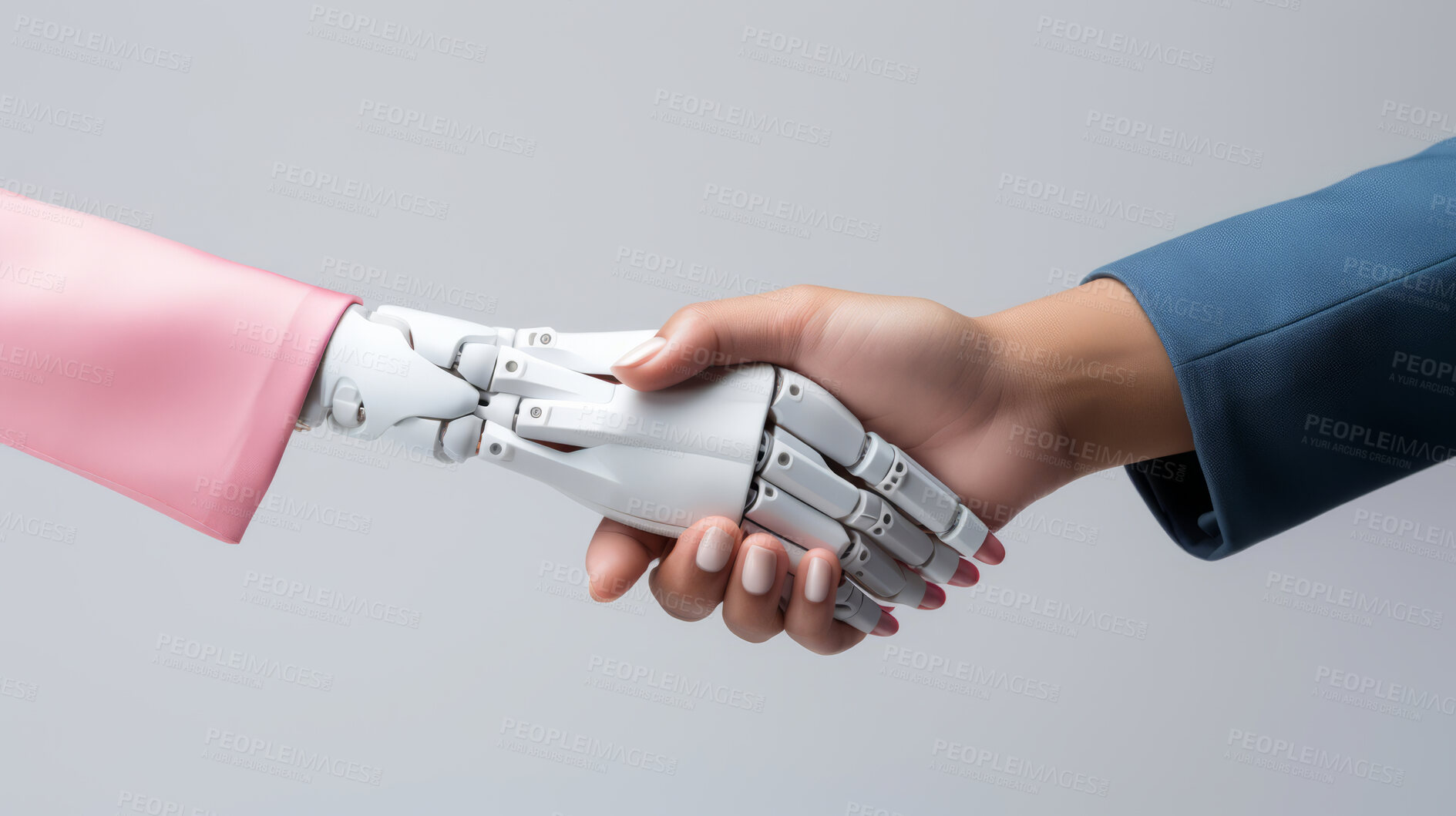 Buy stock photo Human and robot handshake on black backdrop. Futuristic business concept.