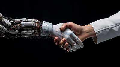 Buy stock photo Human and robot handshake on black backdrop. Futuristic business concept.