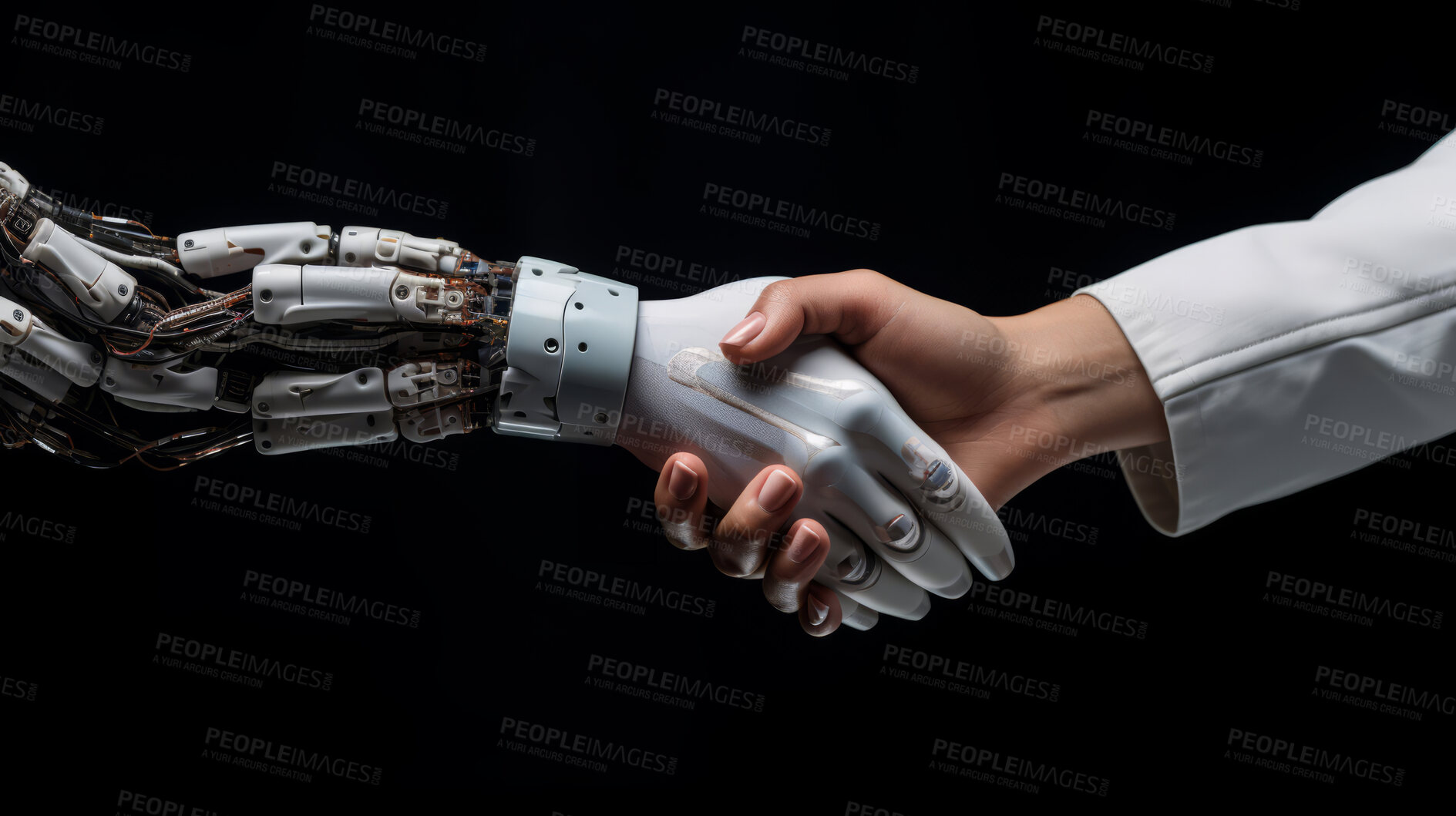 Buy stock photo Human and robot handshake on black backdrop. Futuristic business concept.