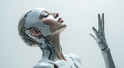 Female robot in futuristic fashion concept. Editorial pose on white backdrop.