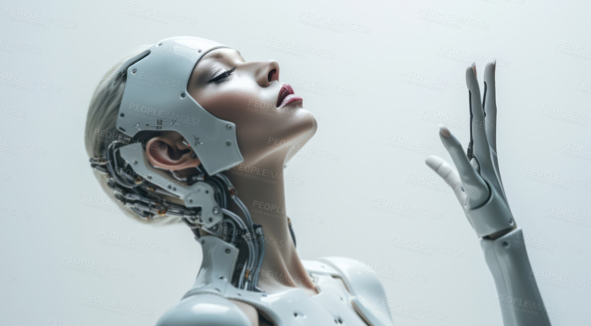 Buy stock photo Female robot in futuristic fashion concept. Editorial pose on white backdrop.