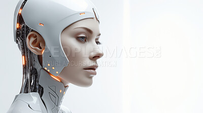 Futuristic female robot, android portrait. Human like features. On white backdrop.