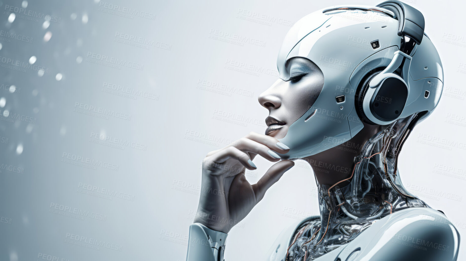 Buy stock photo Futuristic female robot, android portrait. Human features on white backdrop. Using Ai technology.