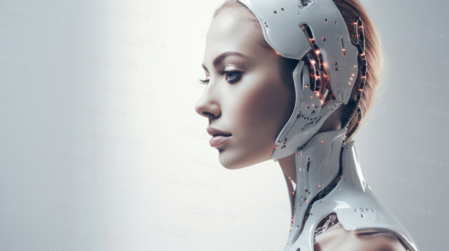 Buy stock photo Futuristic female robot, android portrait. Human like features. On white backdrop.