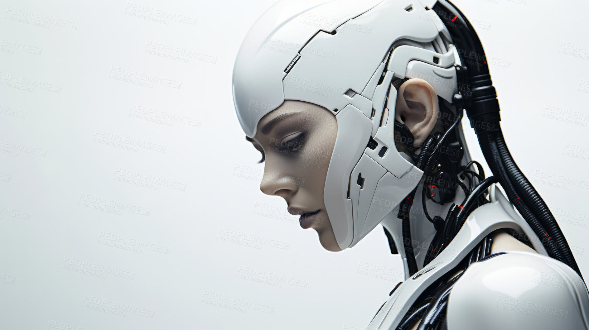 Buy stock photo Futuristic female robot, android portrait. Human like features. On white backdrop.