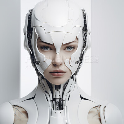 Buy stock photo Futuristic female robot, android portrait. Human like features. On white backdrop.