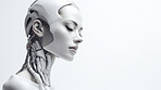Futuristic female robot, android portrait. Human like features. On white backdrop.