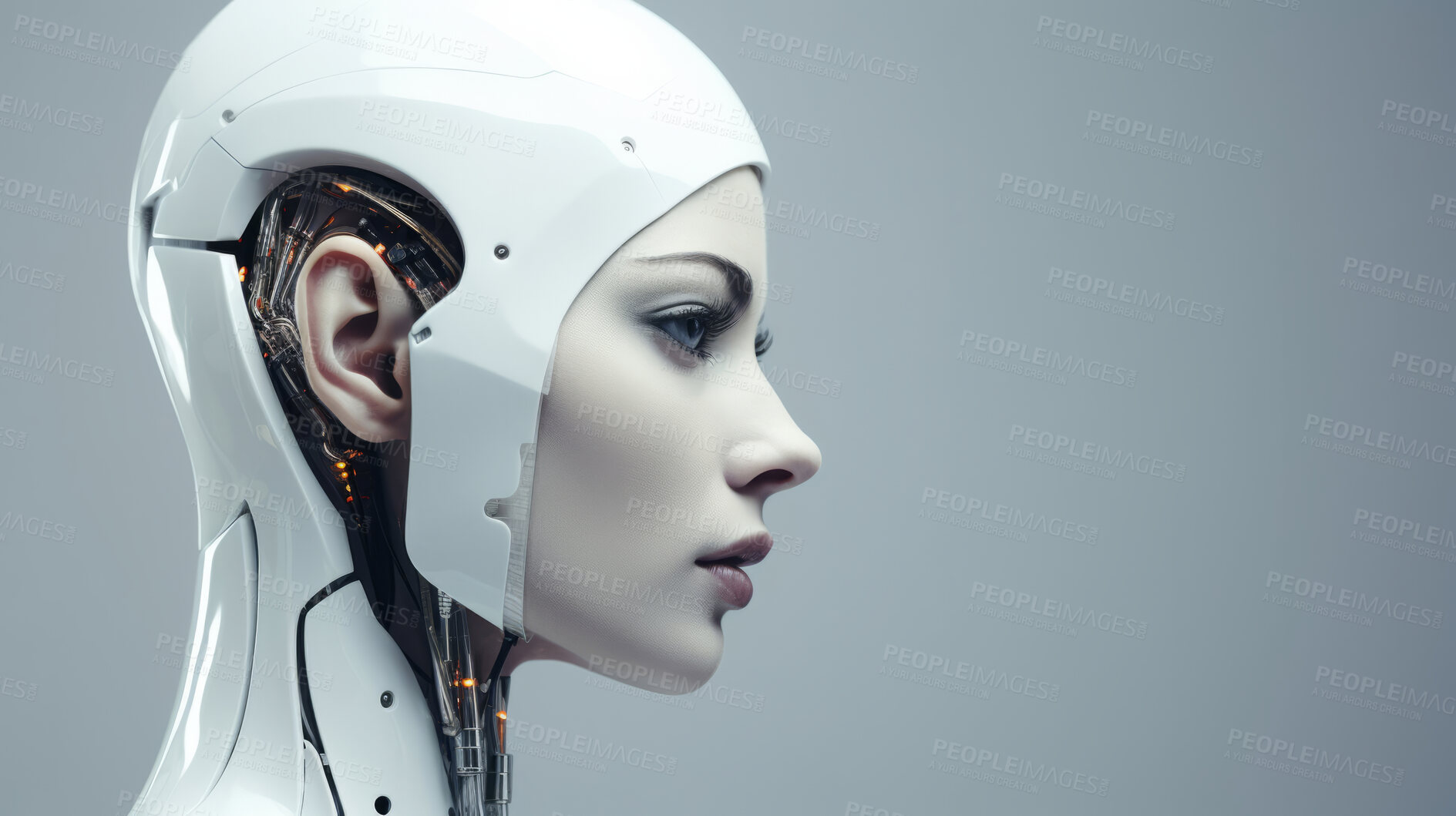 Buy stock photo Futuristic female robot, android portrait. Human like features. On white backdrop.