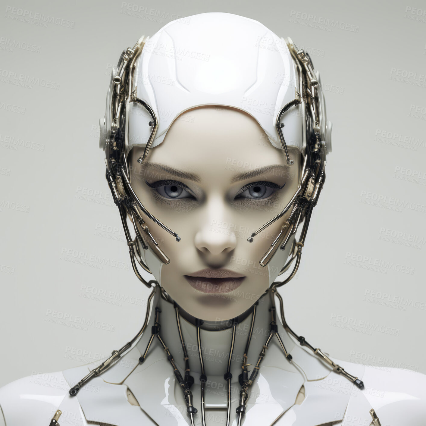 Buy stock photo Futuristic female robot, android portrait. Human like features. On white backdrop.