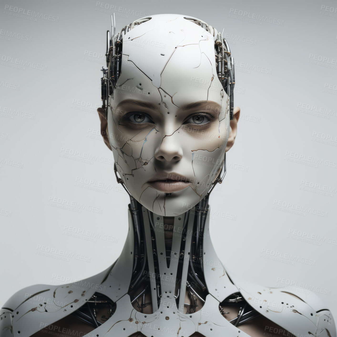 Buy stock photo Futuristic female robot, android portrait. Human like features. On white backdrop.