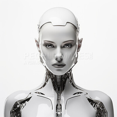 Buy stock photo Futuristic female robot, android portrait. Human like features. On white backdrop.