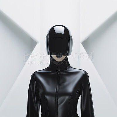 Buy stock photo Female robot in futuristic fashion concept. Editorial pose on white backdrop.