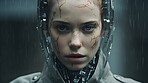 Close up of futuristic, robotic humanoid. Human face with mechanical sci-fi dystopia.