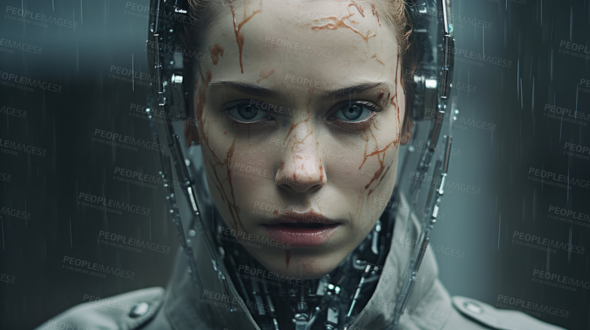 Buy stock photo Close up of futuristic, robotic humanoid. Human face with mechanical sci-fi dystopia.