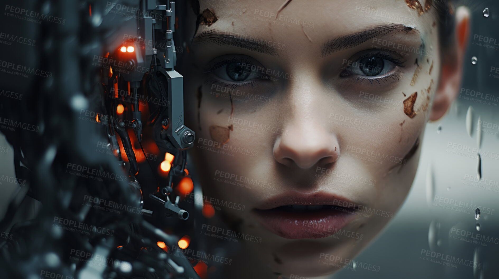 Buy stock photo Close up of futuristic, robotic humanoid. Human face with mechanical sci-fi dystopia.