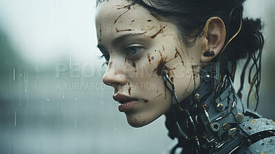 Close up of futuristic, robotic humanoid. Human face with mechanical body sci-fi cyberpunk dystopia.