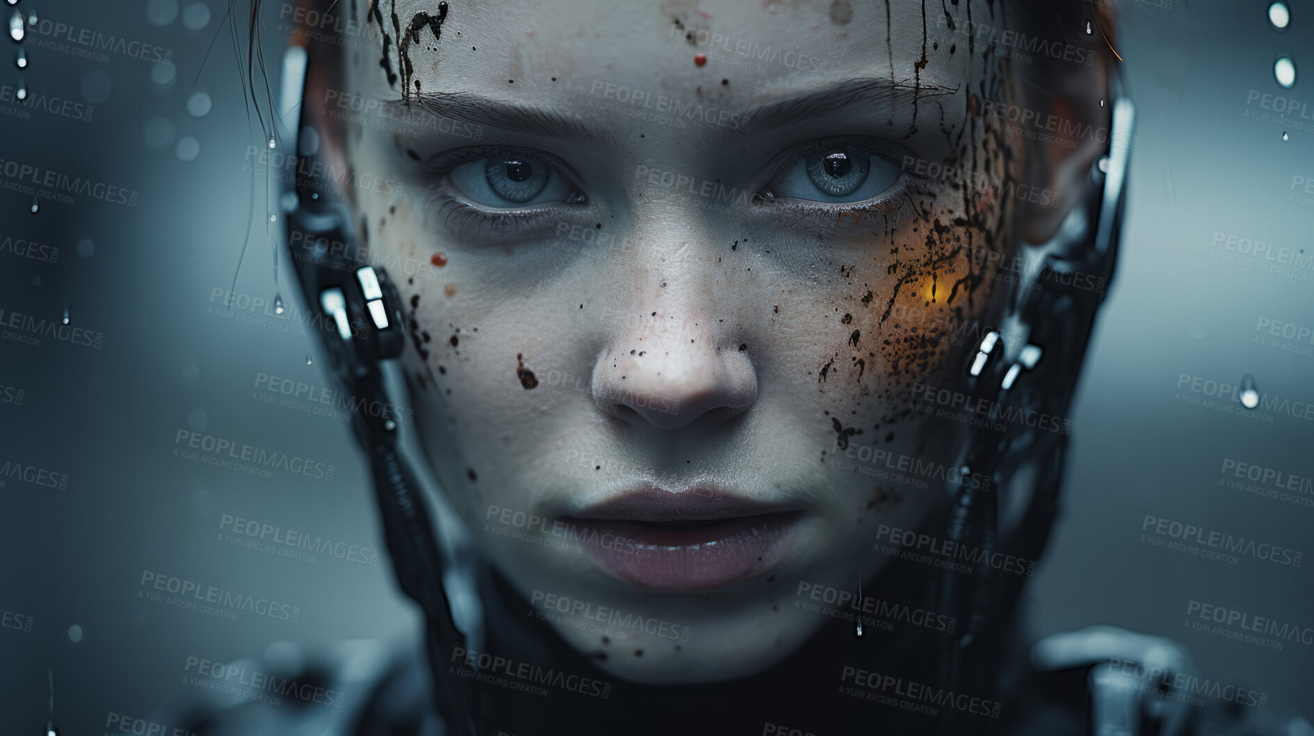 Buy stock photo Close up of futuristic, robotic humanoid. Human face with mechanical body sci-fi cyberpunk dystopia.