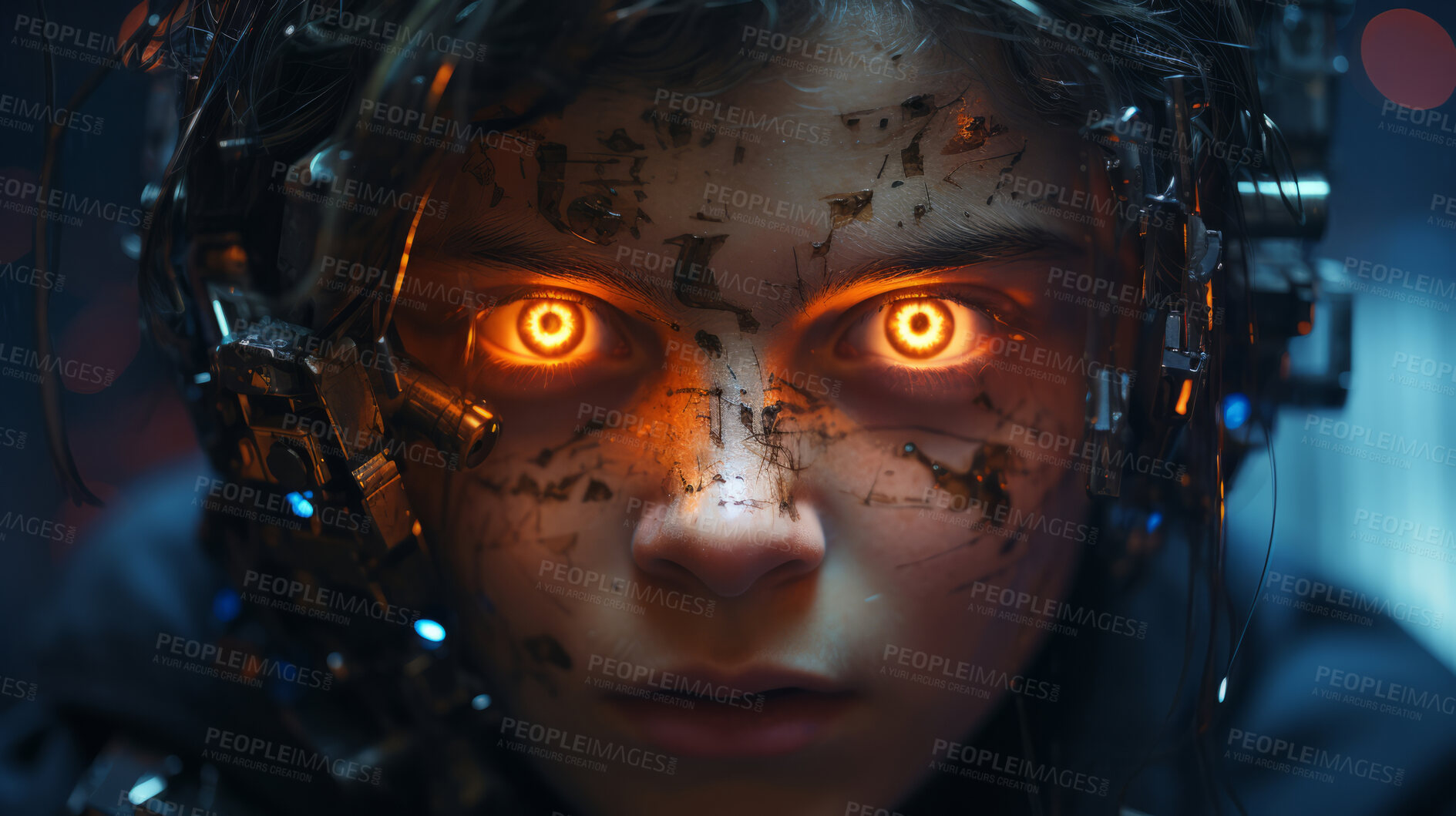 Buy stock photo Futuristic child like robot close up. Dangerous glowing eyes. Sci-fi scene.