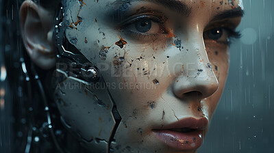 Close up of futuristic, robotic humanoid. Human face with mechanical features sci-fi features.