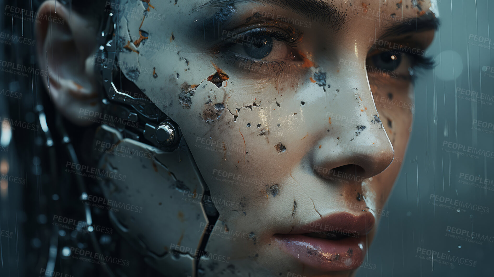 Buy stock photo Close up of futuristic, robotic humanoid. Human face with mechanical features sci-fi features.