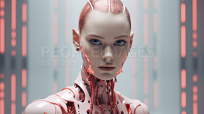 Female robotic figure.Red hair, hyper-realistic sci-fi portrait.