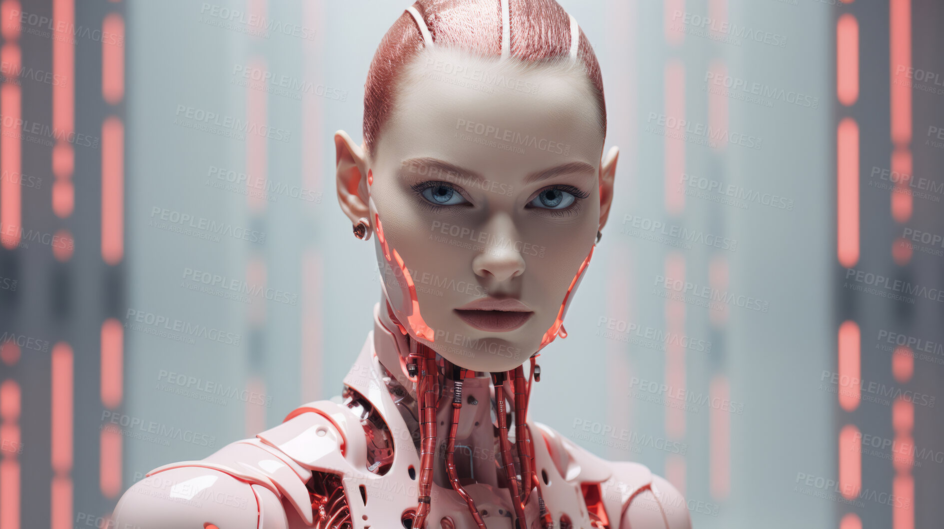 Buy stock photo Female robotic figure.Red hair, hyper-realistic sci-fi portrait.