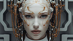 Futuristic android, robotic humanoid. Human face on  Sci-fi backdrop.