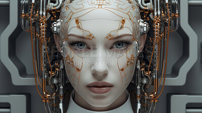 Futuristic android, robotic humanoid. Human face on Sci-fi backdrop.