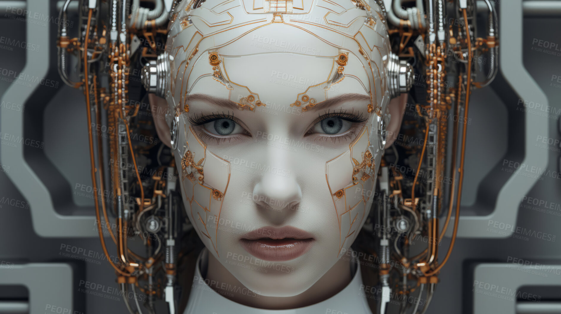 Buy stock photo Futuristic android, robotic humanoid. Human face on  Sci-fi backdrop.