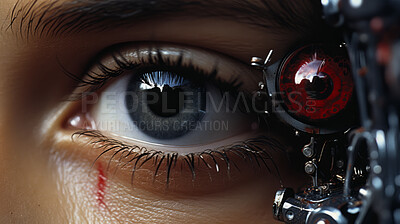 Close up of futuristic android, robotic humanoid eye. Human face with mechanical sci-fi features.