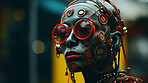 Futuristic android, robotic humanoid. Human face, Mechanical body, in dystopian Sci-fi city.