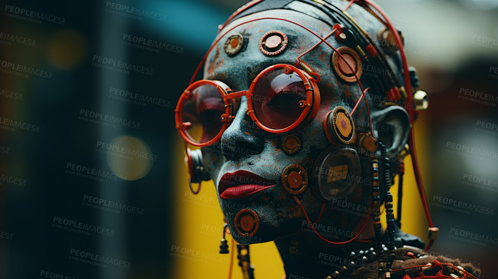 Buy stock photo Futuristic android, robotic humanoid. Human face, Mechanical body, in dystopian Sci-fi city.