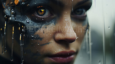 Close up of futuristic Ai programmed humanoid in sci-fi scene.
