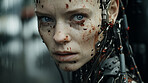 Futuristic android, robotic humanoid. Human face, Mechanical body, in dystopian Sci-fi scene.