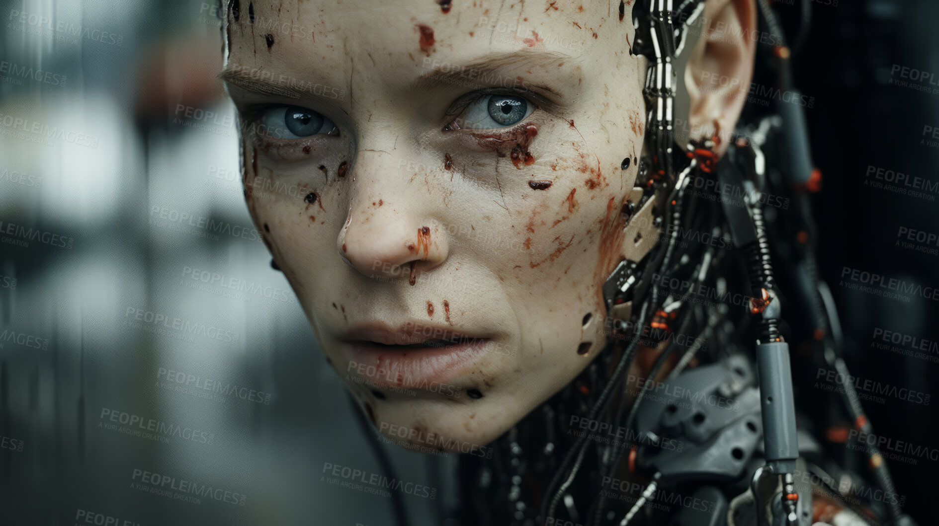Buy stock photo Futuristic android, robotic humanoid. Human face, Mechanical body, in dystopian Sci-fi scene.
