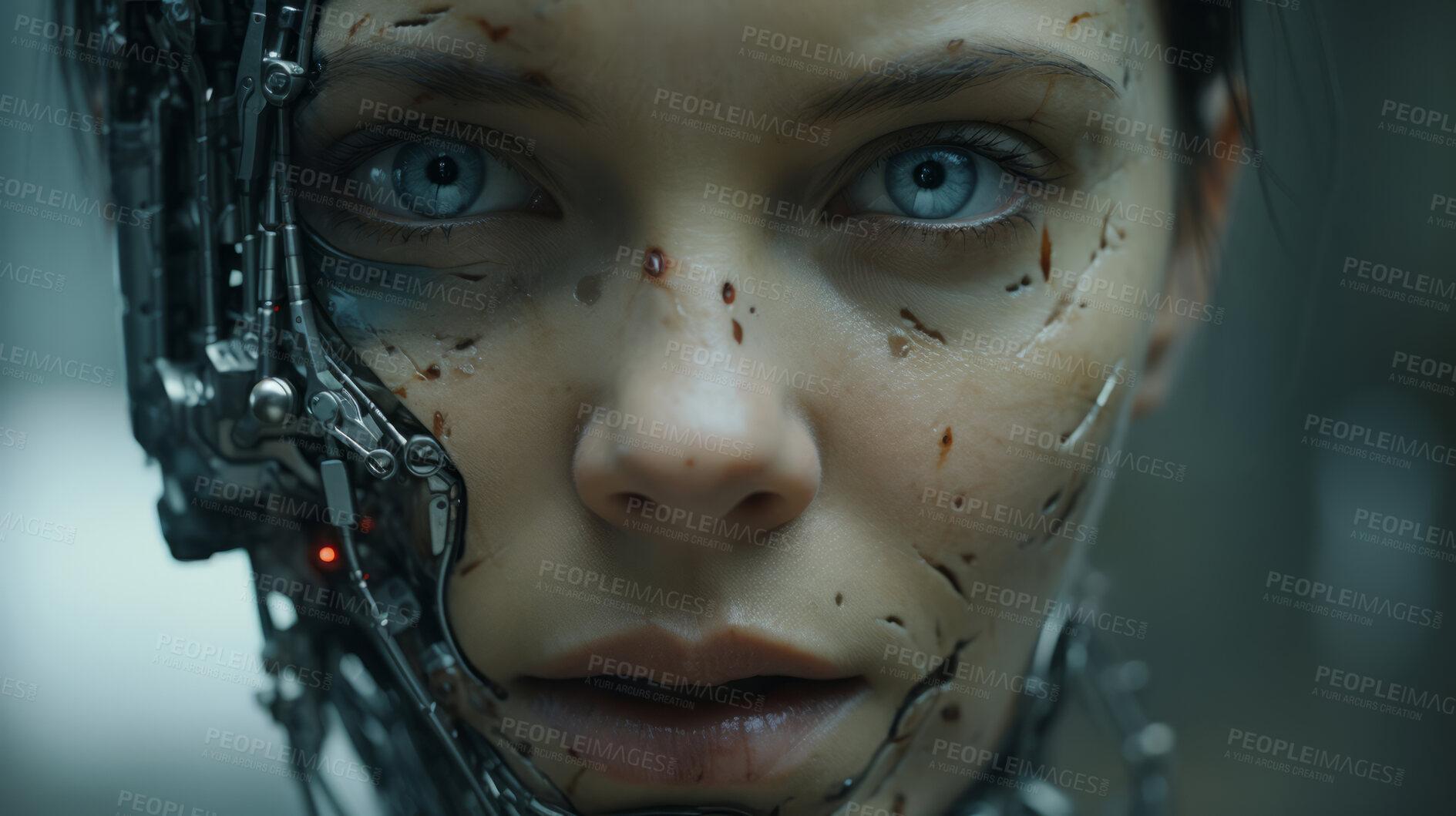 Buy stock photo Close up of futuristic android, robotic humanoid. Human face with mechanical sci-fi features.