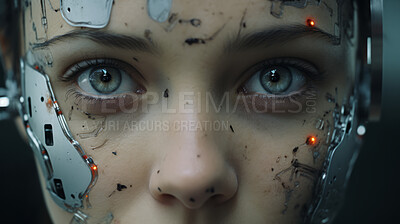 Futuristic Ai programmed humanoid in sci-fi close up.