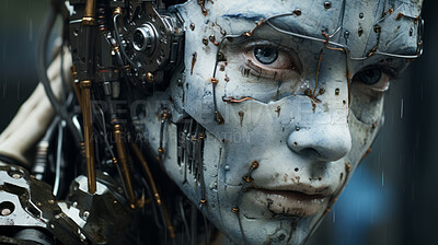 Close up of futuristic Ai programmed humanoid in apocalyptic city.