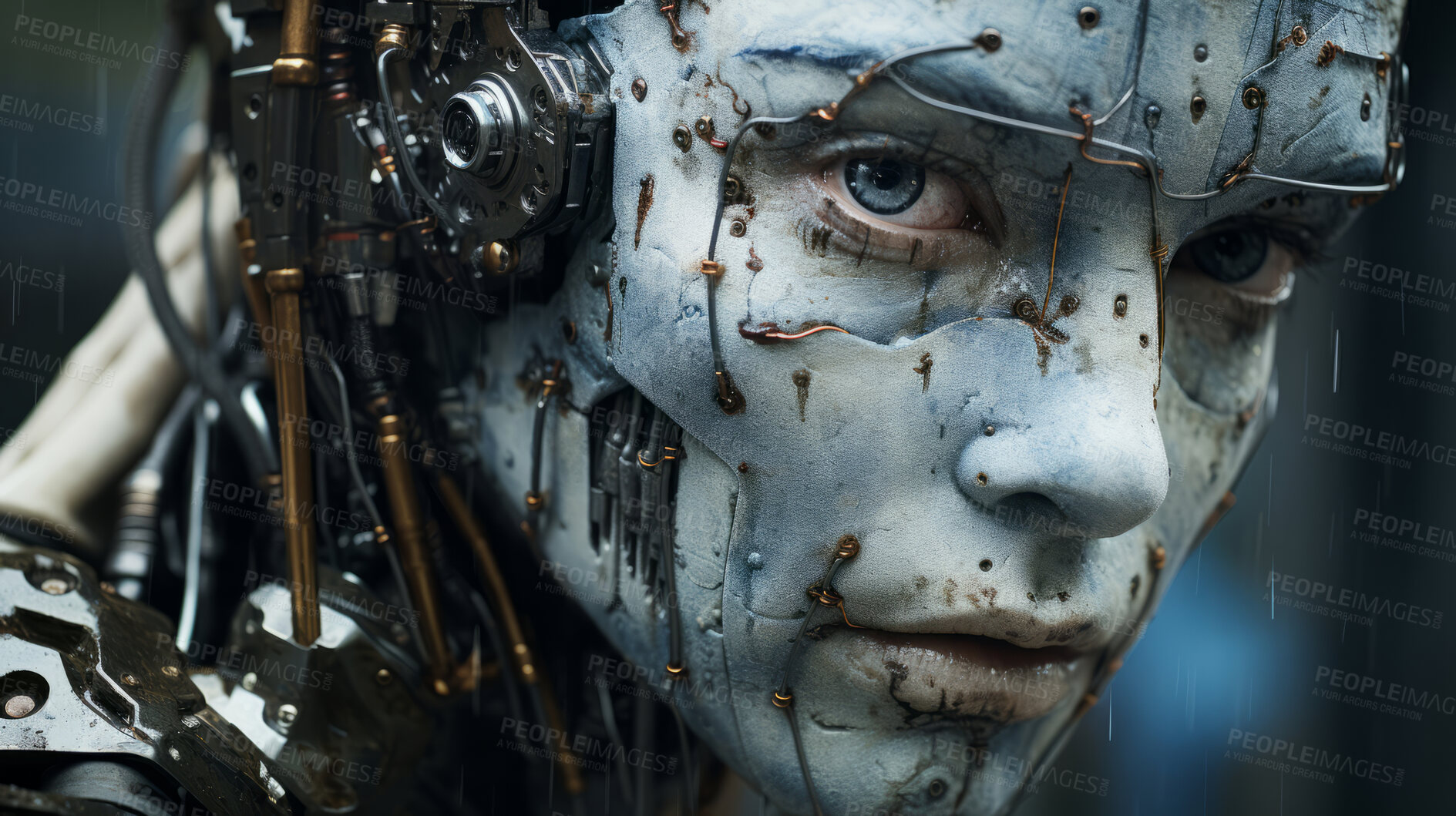 Buy stock photo Close up of futuristic Ai programmed humanoid in apocalyptic city.
