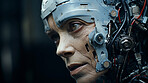 Futuristic android, robot portrait. Cyber mechanical bot Ai programmed in dystopian city.