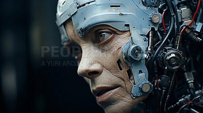 Futuristic android, robot portrait. Cyber mechanical bot Ai programmed in dystopian city.