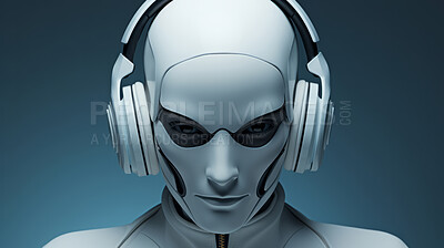 Buy stock photo Futuristic android, robot, portrait.Humanoid cyber machine on plain grey backdrop.