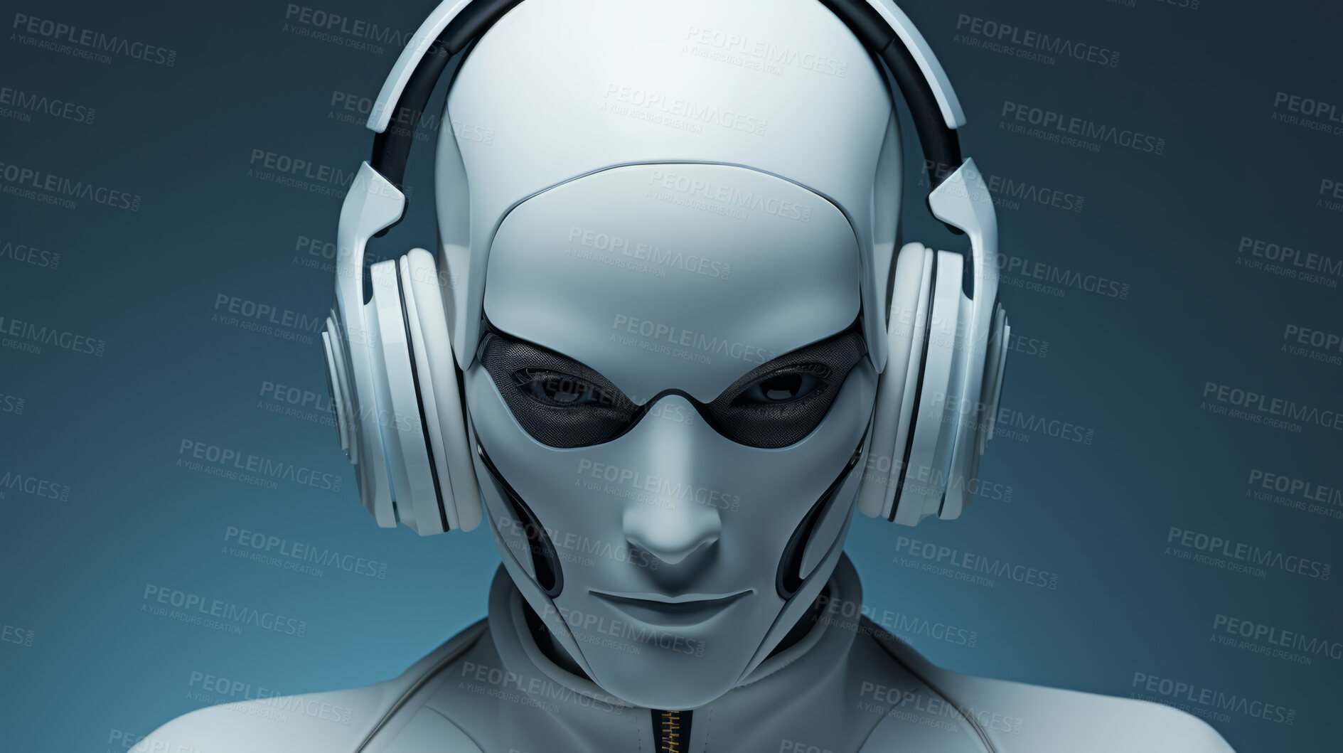 Buy stock photo Futuristic android, robot, portrait.Humanoid cyber machine on plain grey backdrop.
