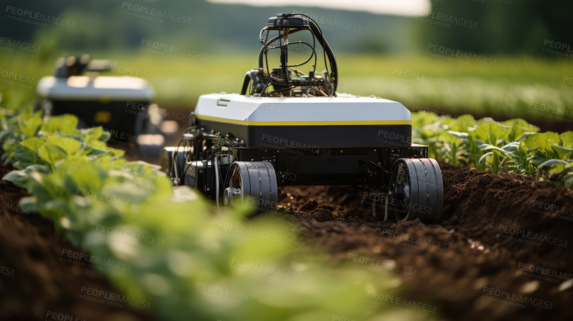 Buy stock photo Futuristic robot working in field. Smart eco farming and digital innovation in agriculture.